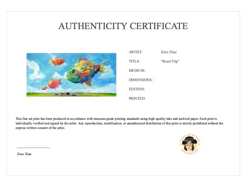 Authenticity certificate for an artwork featuring a colorful fish and cloud design.
