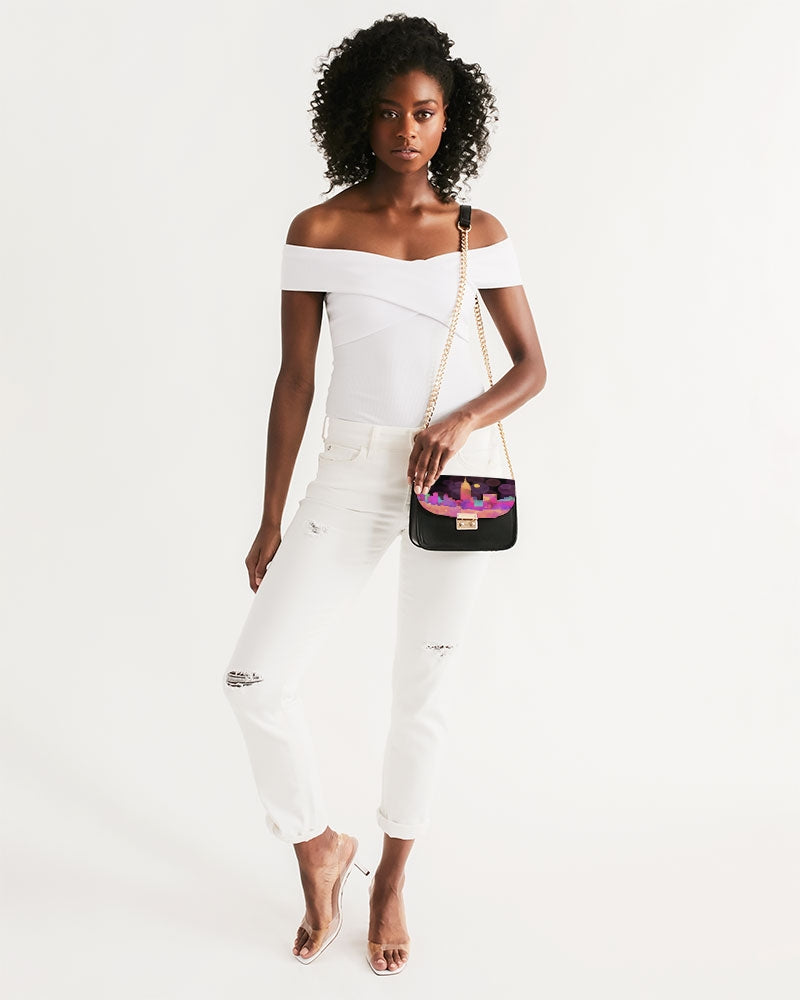 Leather Satchel Bag With City Skyline Art