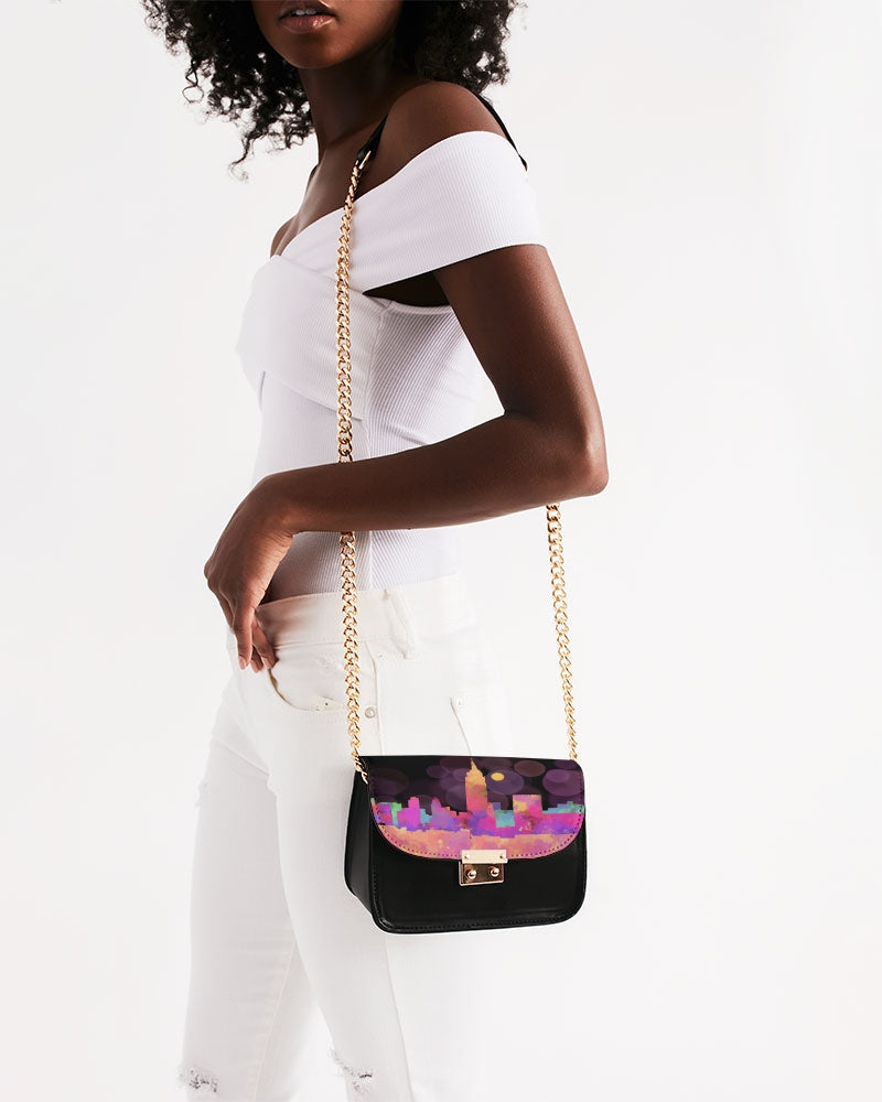 Leather Satchel Bag With City Skyline Art