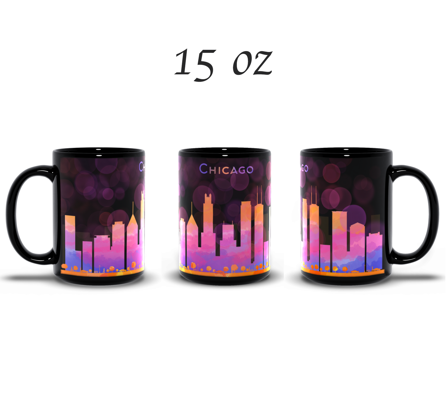 Chicago skyline art black coffee mug