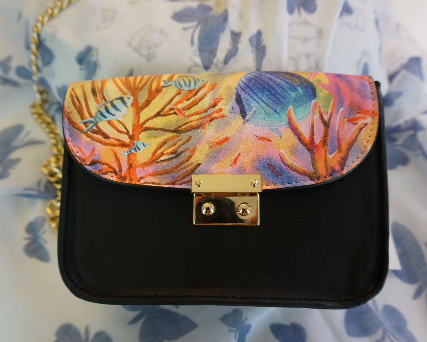 Leather Satchel Bag with Tropical Fish Art