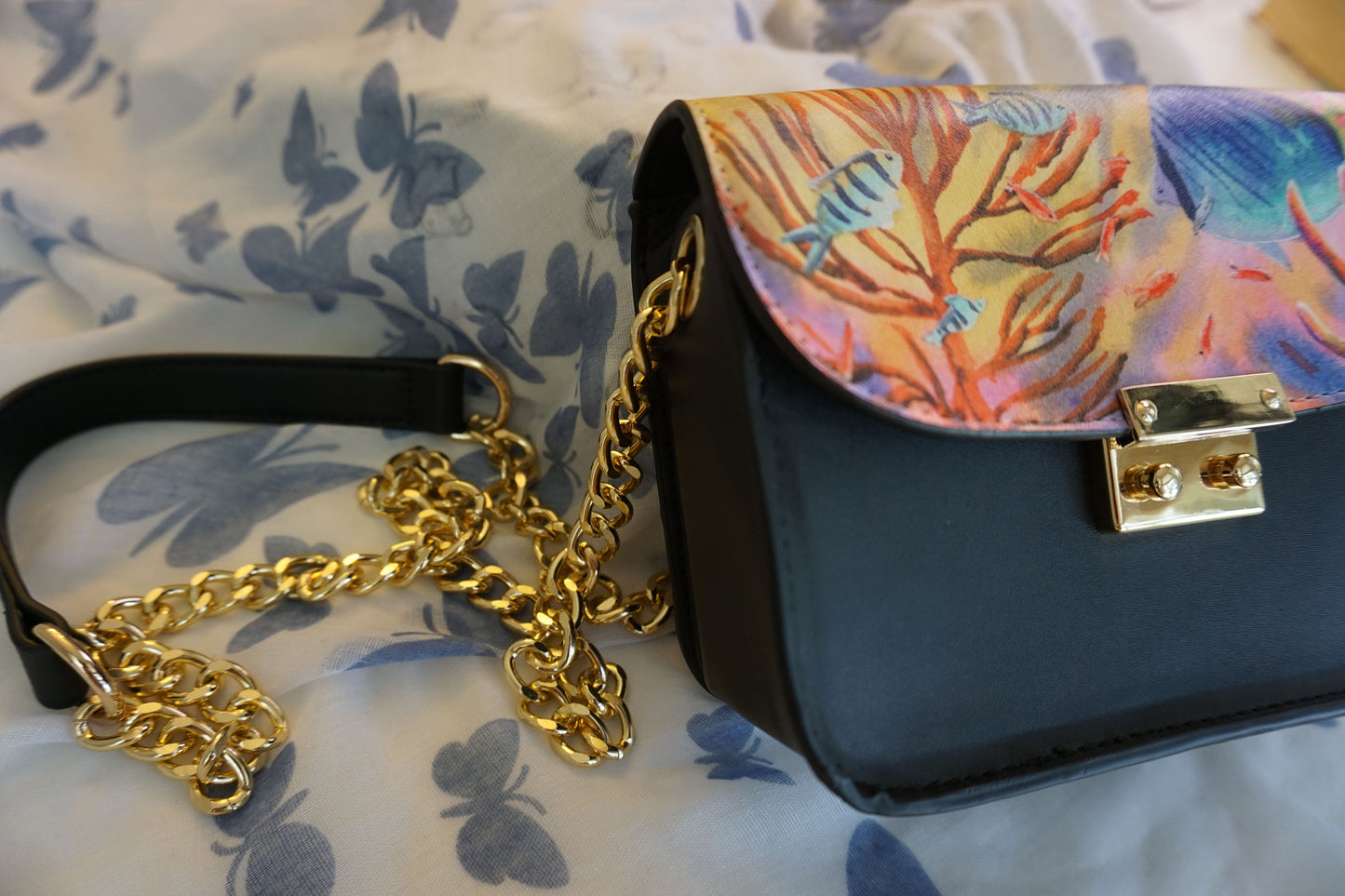 Leather Satchel Bag with Tropical Fish Art