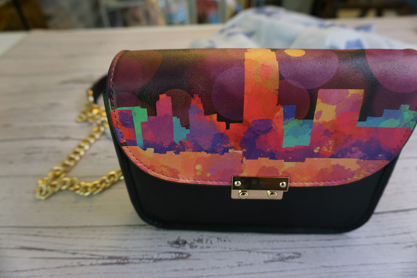 Leather Satchel Bag With City Skyline Art