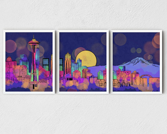 Seattle skyline art print set of 3