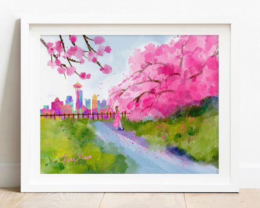 Seattle art print, Kerry park cherry blossom
