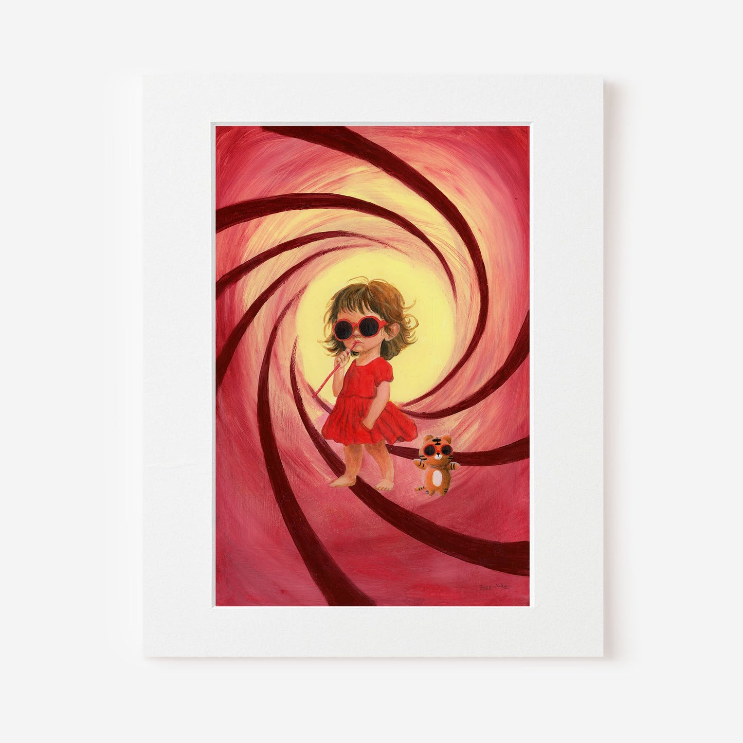 Framed artwork of a stylized illustration of a girl in a red dress with a dog on a pink and red spiral background.