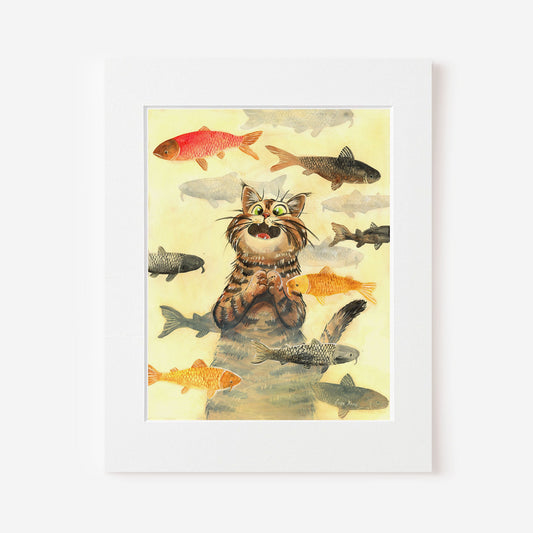 Illustration of a cat surrounded by fish in water on a white background