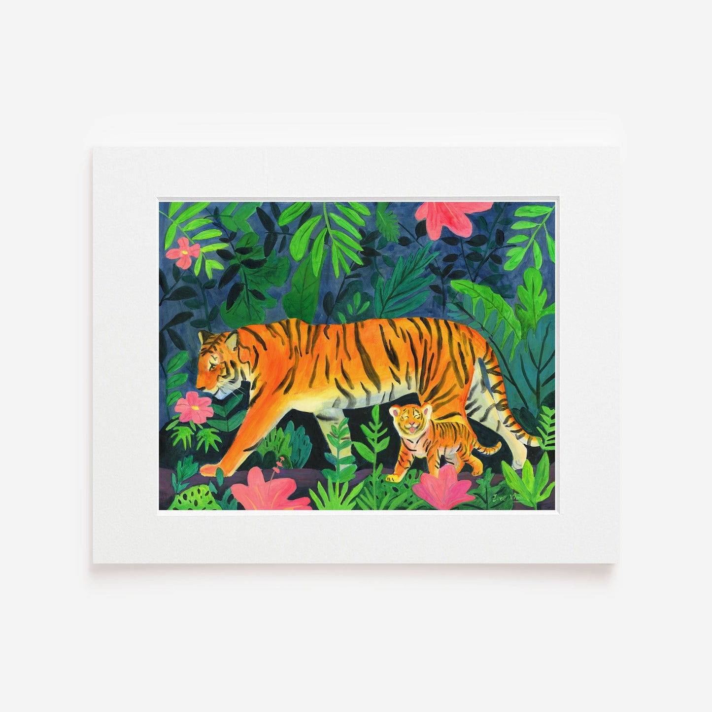 Framed artwork of a tiger in a jungle setting with leaves and flowers.