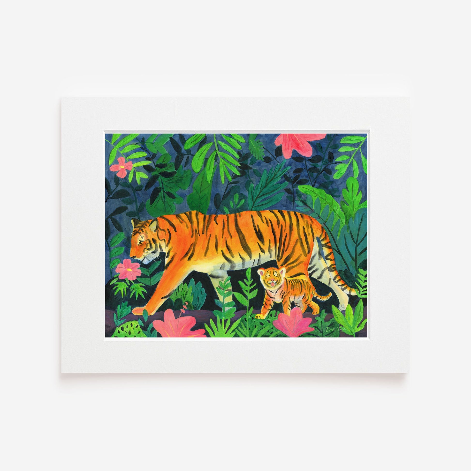 Framed artwork of a tiger in a jungle setting with leaves and flowers.