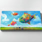 Canvas print of colorful fish over a road with cars, against a blue sky.