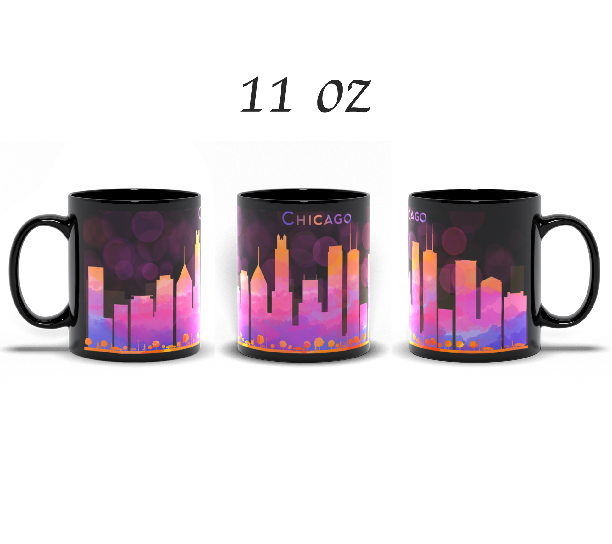 Chicago skyline art black coffee mug