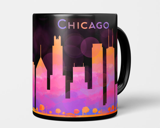 Chicago skyline art black coffee mug