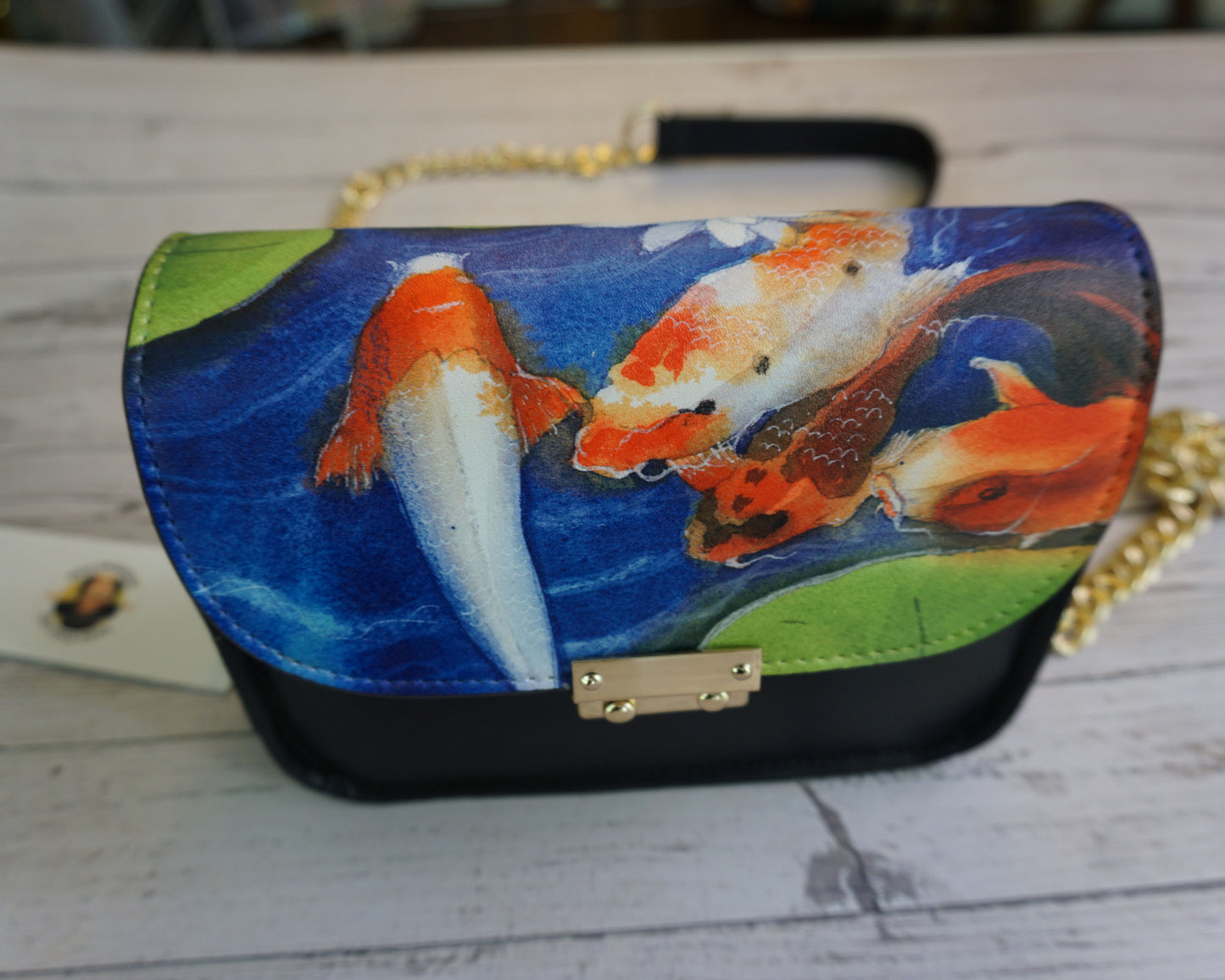 Black Leather Satchel Bag with Koi Fish Art