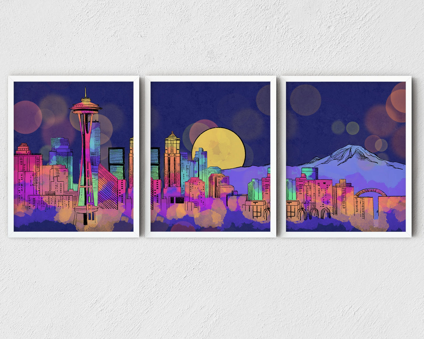 Seattle skyline art print set of 3