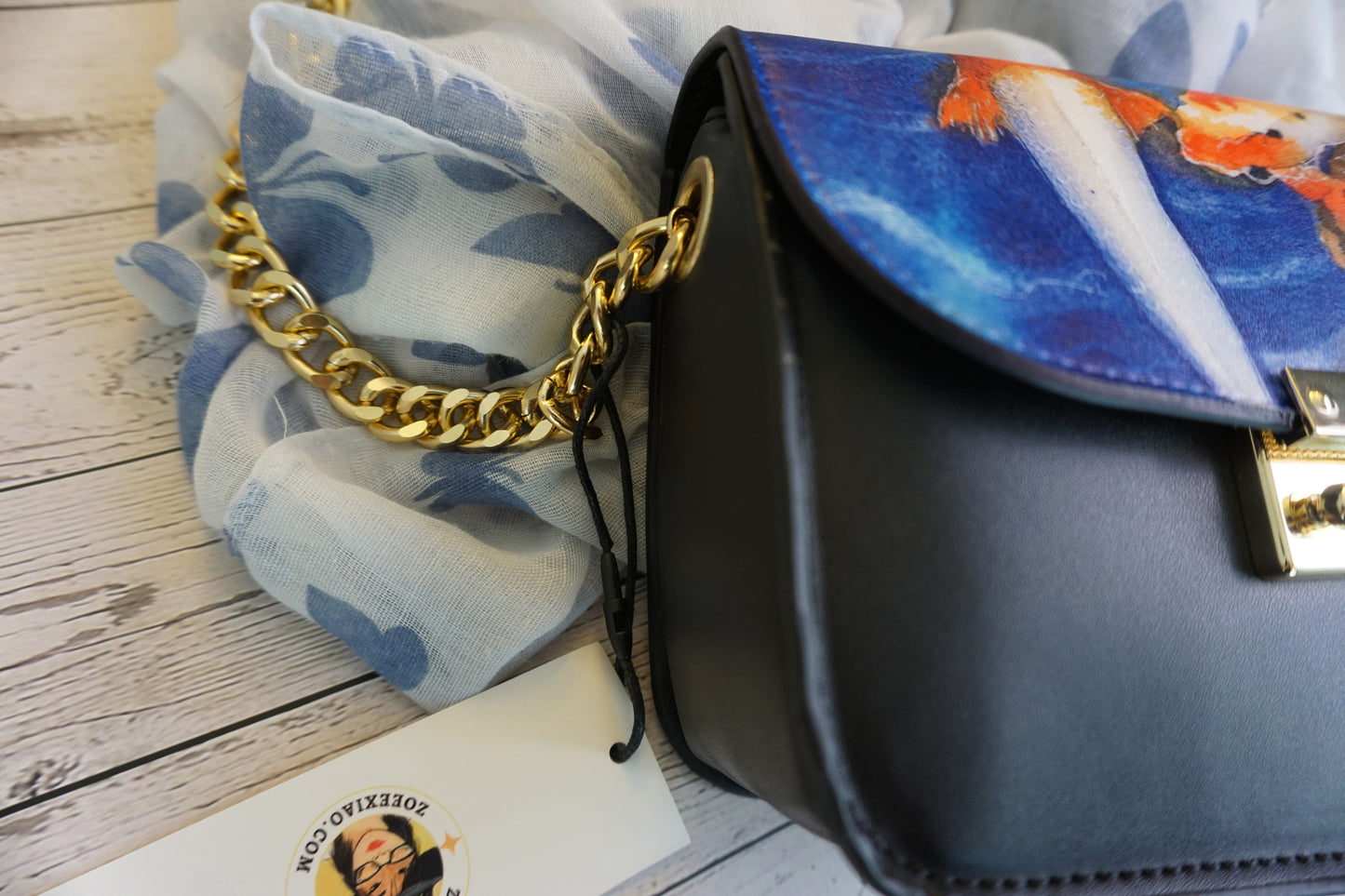 Black Leather Satchel Bag with Koi Fish Art