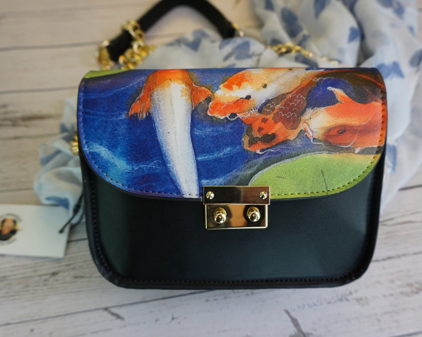 Black Leather Satchel Bag with Koi Fish Art